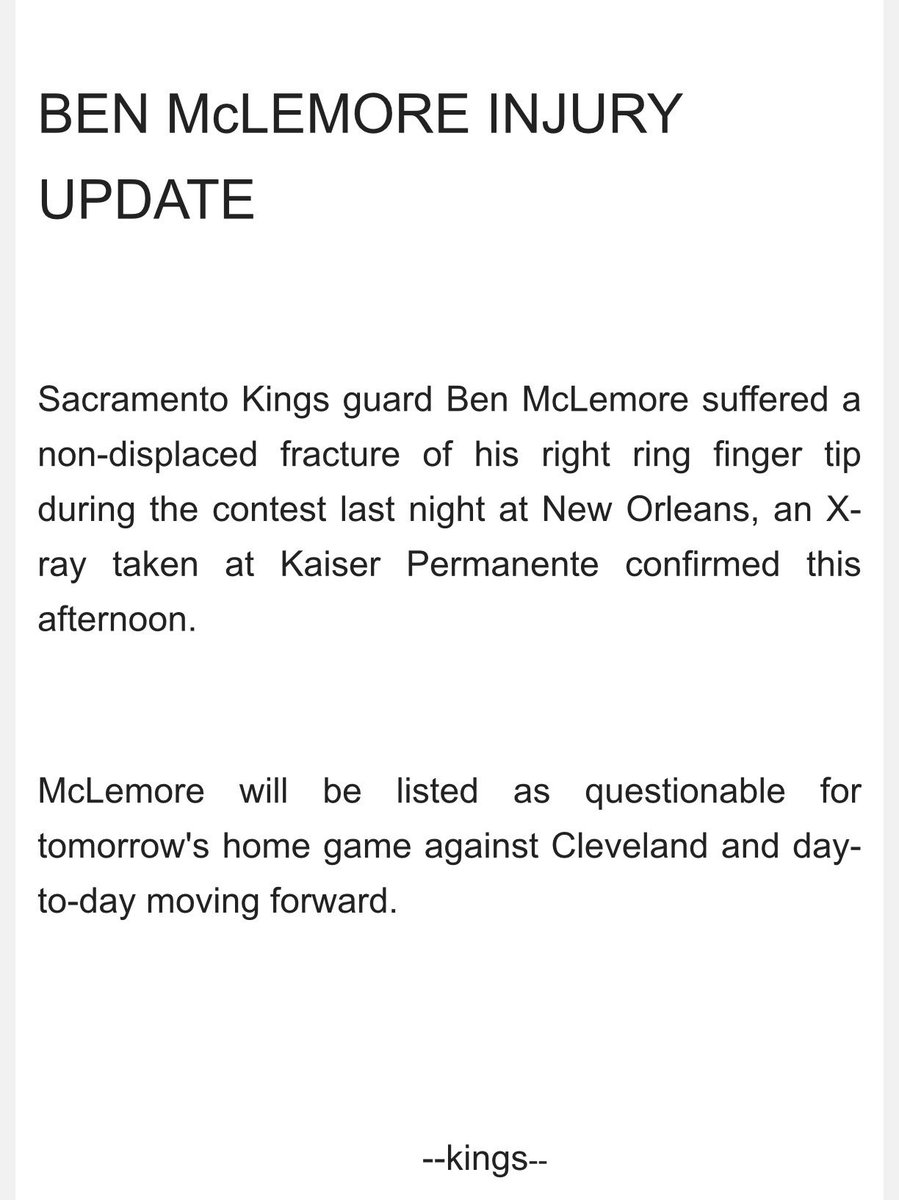 James_HamNBA's tweet photo. Ben McLemore is questionable for tomorrow after breaking his right ring finger. Day-to-day. https://t.co/LoOTHZfC8l