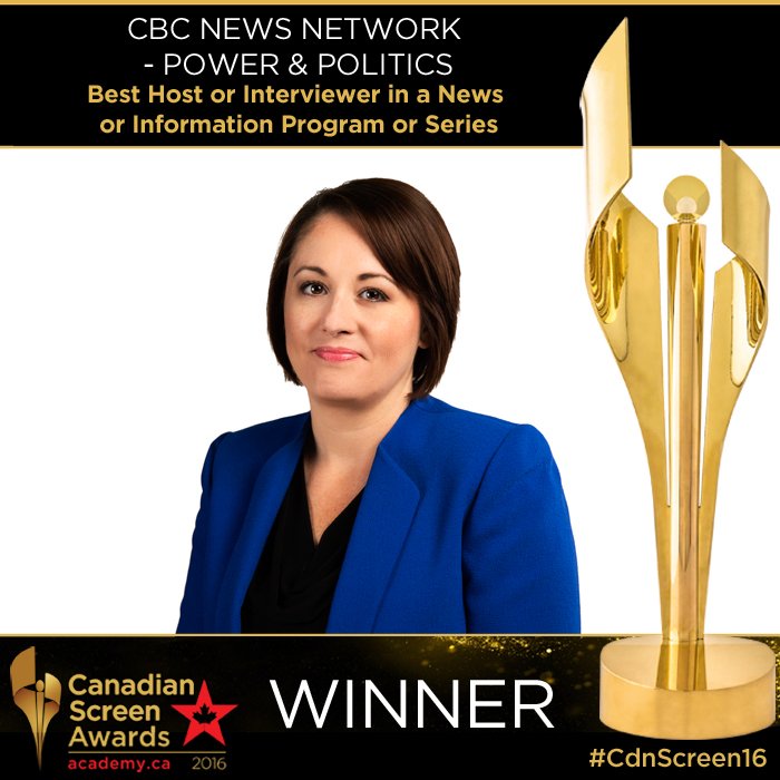 TheCdnAcademy's tweet image. Congrats @RosieBarton @PnPCBC on your #CdnScreen16 Best Host or Interviewer in a News Info Prog or Series win!
