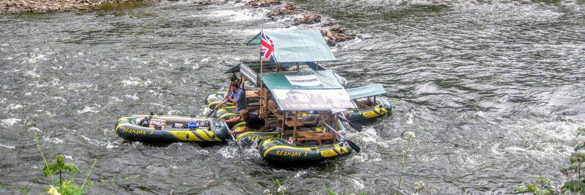 microadvnture's tweet photo. This! @dinghyboys Link a few rubber dinghy’s, chuck a few tables on it +happy people = #sweetest #microadventure https://t.co/yXVtgpdmL5