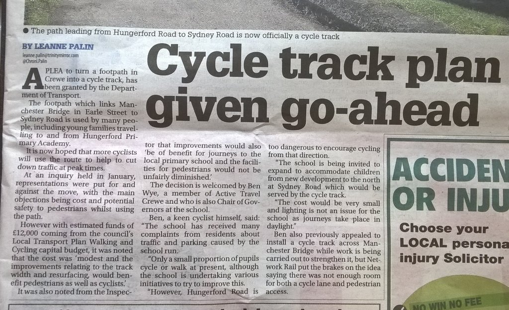 ActiveTravelCre's tweet photo. Cycle path victory in Crewe, thanks to @CheshireEast. #Goodforyou #GoodforCrewe https://t.co/wfWLizHRQu