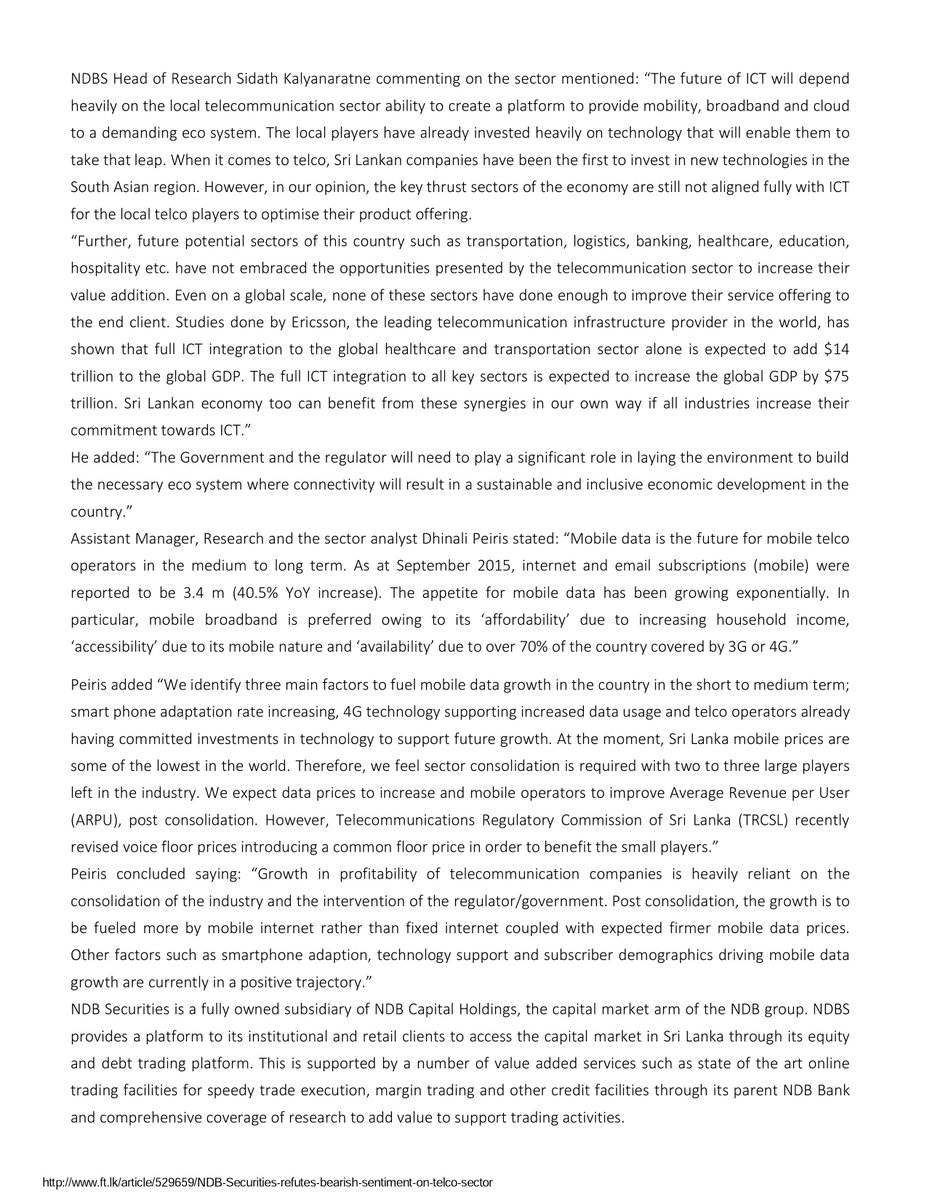 NDBSecurities's tweet image. Wide spread publicity for Telco sector report of #NDBSecurities !!
#DailyFt #DailyNews #Island
