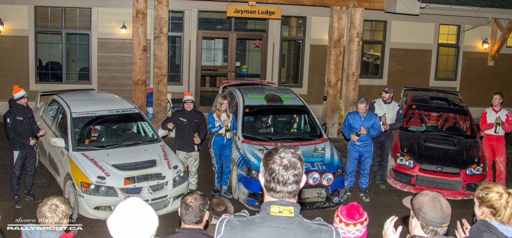 Top of the podium at the Cochrane Rally! Thanks <a href="/Rallysport_ca/">RALLYSPORT.CA</a> for the photo. #champagne #cdnrally <a href="/CanadianRally/">CDNRally.com</a>