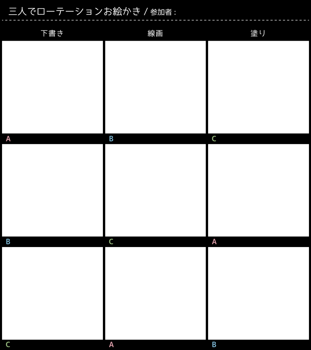 下書き、線画、塗りを三人で交換する遊びのテンプレート、見つからなかったので作りました。透過PNGになってると思います。よかったら使ってください～ 