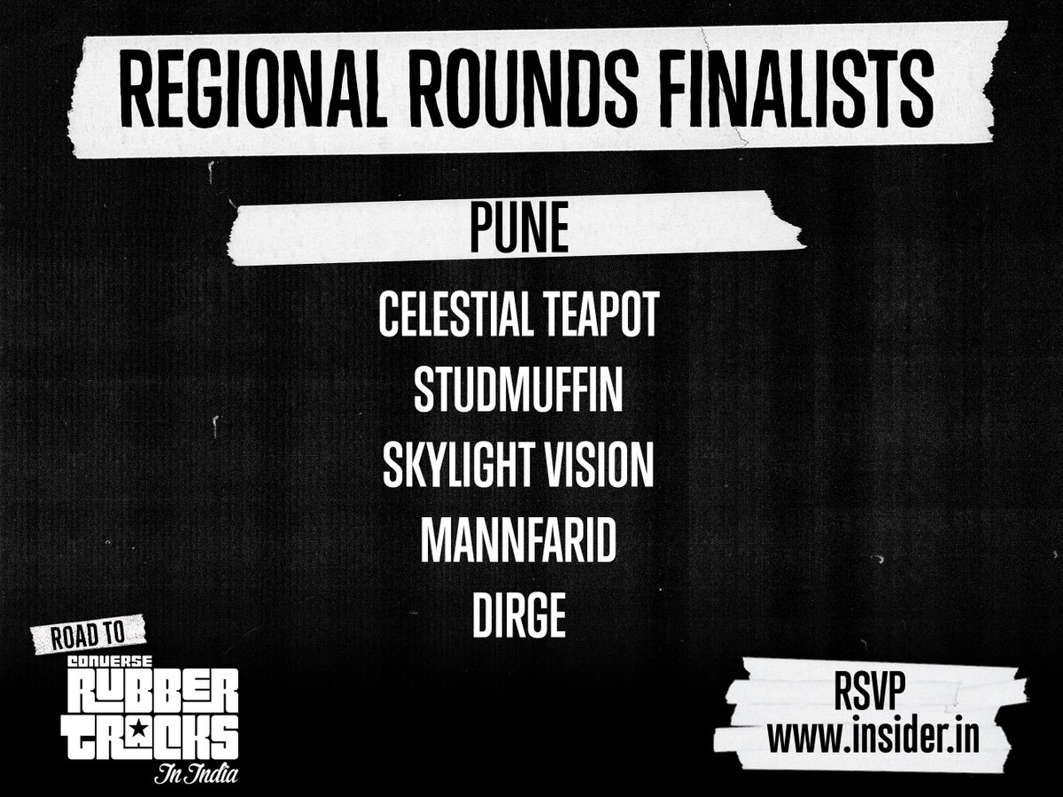 The shortlisted bands for Pune  #RTCRT showcase are <a href="/CTeapot/">Celestial Teapot</a>, #Studmuffin, <a href="/SkylightVision/">Skylight Vision</a>, <a href="/Mannfarid/">Mannfarid Official</a> &amp; #Dirge.