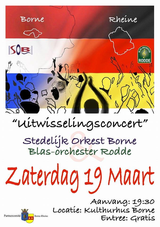 Zaterdag 19 maart: spraakmakende uitwisselingsconcert! <a href="/StedelijkOrkest/">StedelijkOrkestBorne</a> &amp; Blas-Orchester Rodde. Start: 19.30 uur