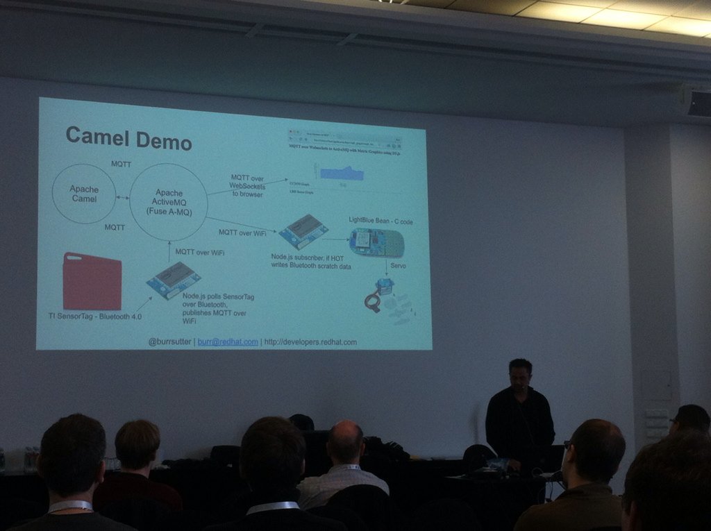 anstuc's tweet photo. Bisheriges Highlight: "IoT with Apache ActiveMQ, Camel &amp; Spark" von @burrsutter ! Sehr schöne Demo! https://t.co/7eOjfRcX6t