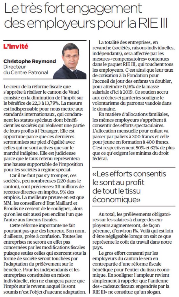 CentrePatronal's tweet photo. Les efforts consentis des employeurs dans le cadre de la #RIE3, le sont pour tout le tissu économique #VdVote https://t.co/EitvyBFDv7