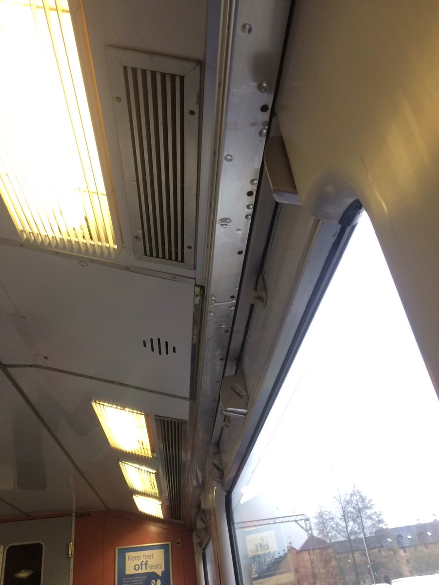soundguyjon's tweet photo. @greateranglia 62678. It's coming from above the window and also the metal trim in the ceiling https://t.co/Ze3CELAaJF