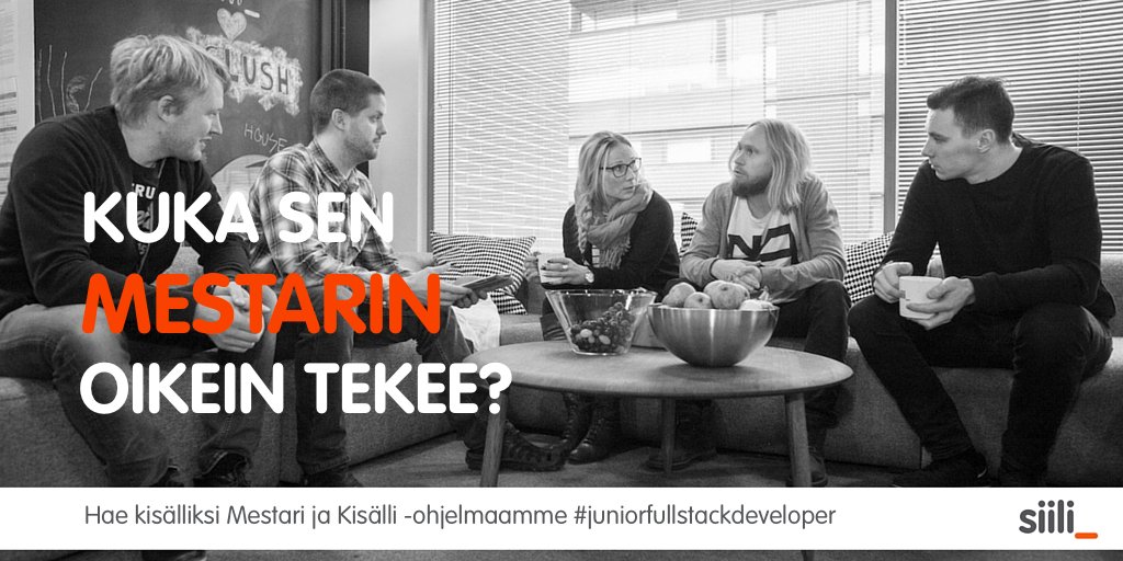 RantanenSusanna's tweet image. #juniorfullstackdeveloper hae kisälliksi Siiliin 15.3 mennessä siili.com/fi/mestarijaki… @SiiliSolutions #ITduunit