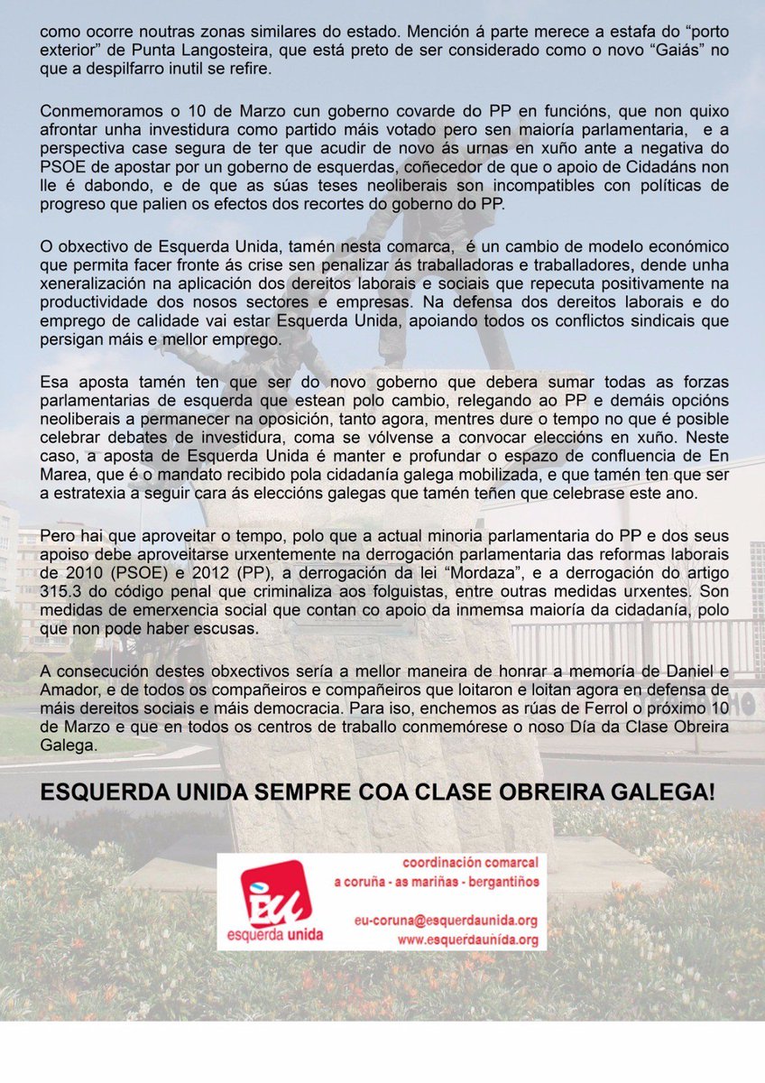 #EsquerdaUnida sempre coa #ClaseObreiraGalega #ACoruña #AsMariñas #Bergantiños #10deMarzo #DíaDaClaseObreiraGalega