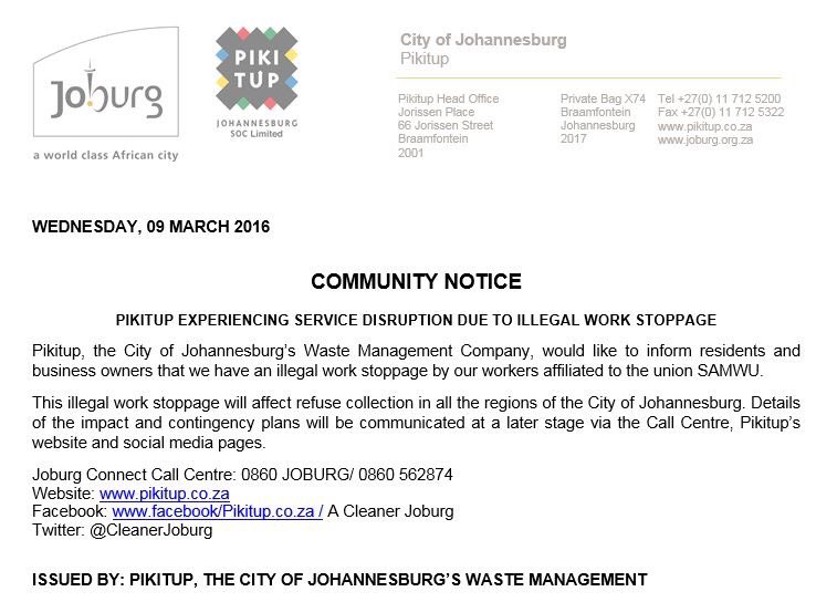 JPSAorg's tweet photo. .@CityofJoburgZA Perhaps but doesn't @CleanerJoburg's release say it's an ILLEGAL strike? #DefendingIndefensible https://t.co/lSgi5xHvsL