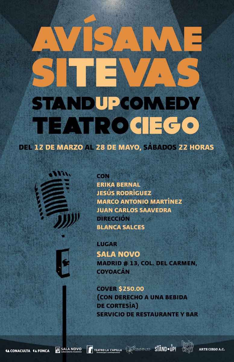 #AvísameSiTeVas #StandUpComedy Estreno 12 de marzo 10pm #SalaNovo Madrid 13 Coyoacán <a href="/OjosqueSienten/">Ojos que Sienten</a> <a href="/TeatroCiegoMX/">Teatro Ciego MX</a>
