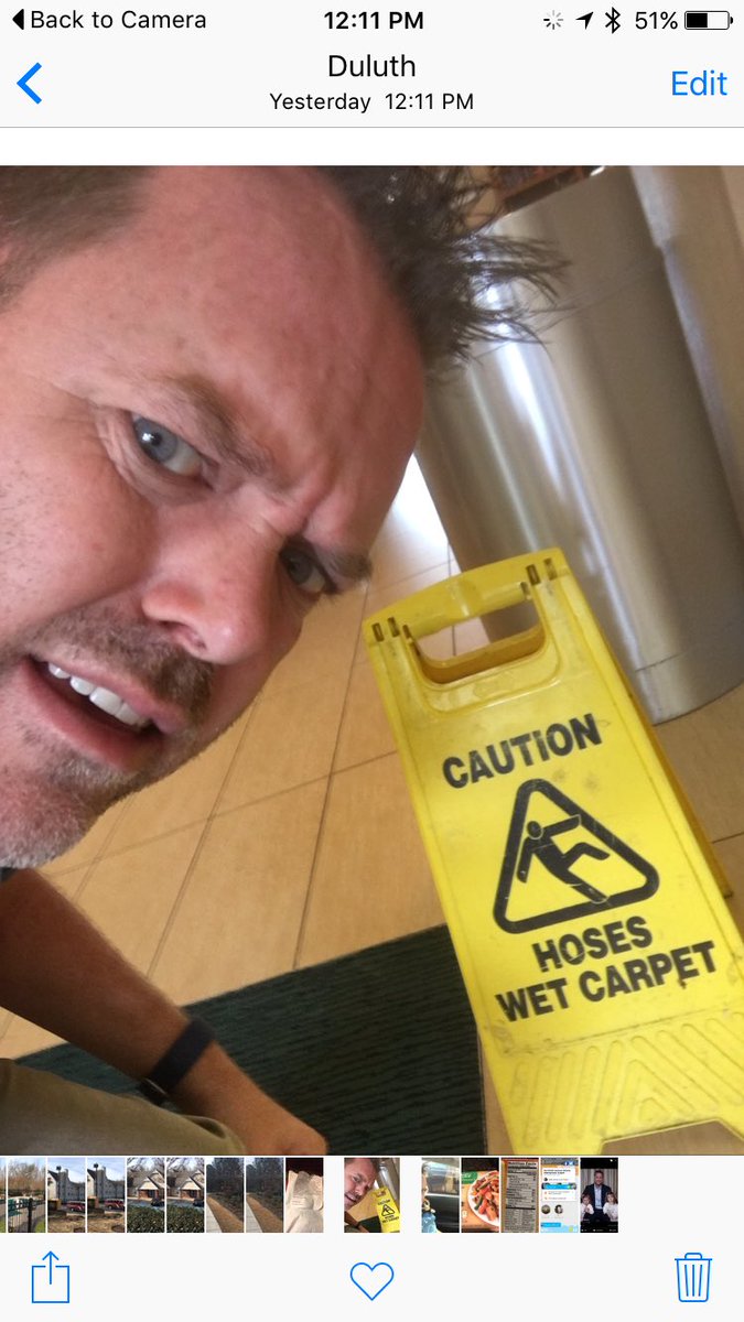 leftarmcomedy's tweet photo. OK, instead of a sign, how bout firing the dancing guy that keeps hosing the wet carpet? #weirdsolution #marriott https://t.co/a6ICL0k3LD