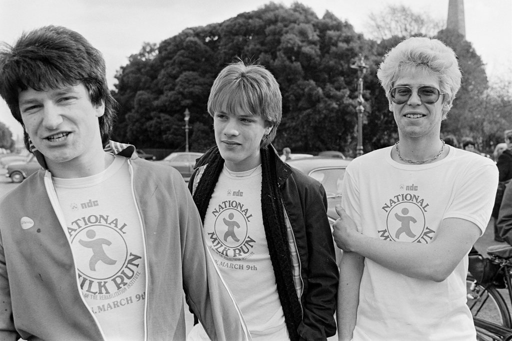 Bono, Larry and Adam at the National Milk Run in Dublin's Phoenix Park #OnThisDay 1980 Photo by Eve Holmes