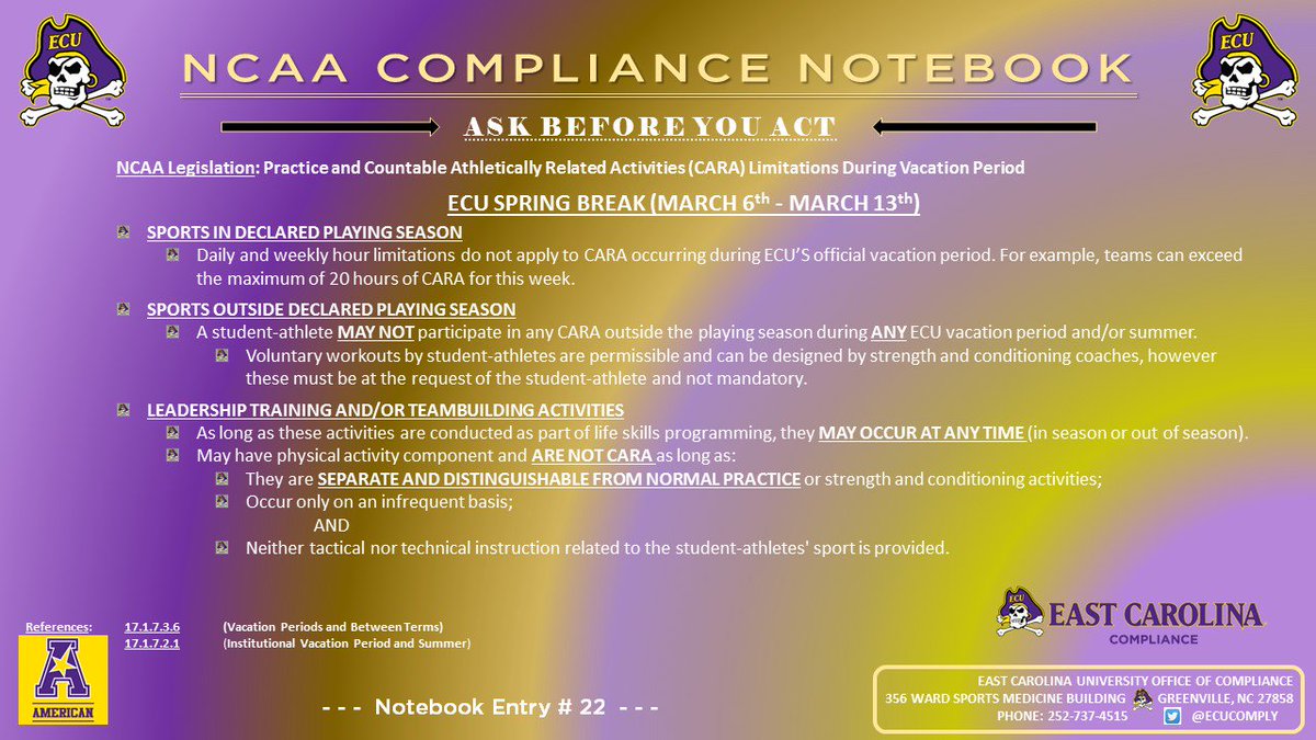 Compliance Note #22: What can student-athletes do with their sports over spring break? #ECUndaunted #ECUPirates