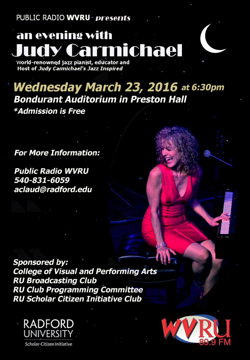 RUInvolvedRU's tweet photo. World renowned jazz pianist Judy Carmichael, @stridequeen, is performing @RadfordU soon! #CPCevent  #FREE https://t.co/1x9FHSoTbs