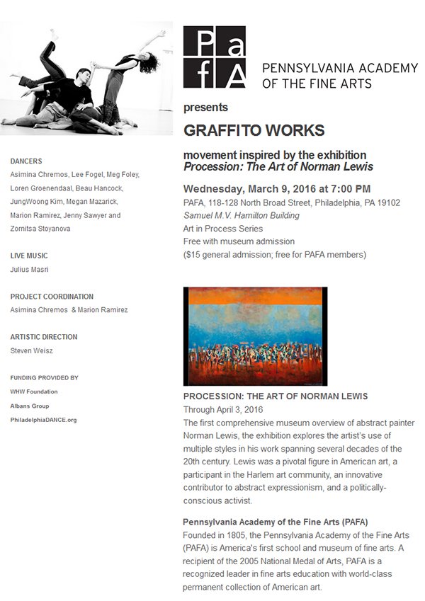GraffitoWorks's tweet image. Perfect evening for art, dance &amp;amp; music. Graffito Works &amp;amp; Procession: The Art of  Norman Lewis @PAFAcademy 7p tonight