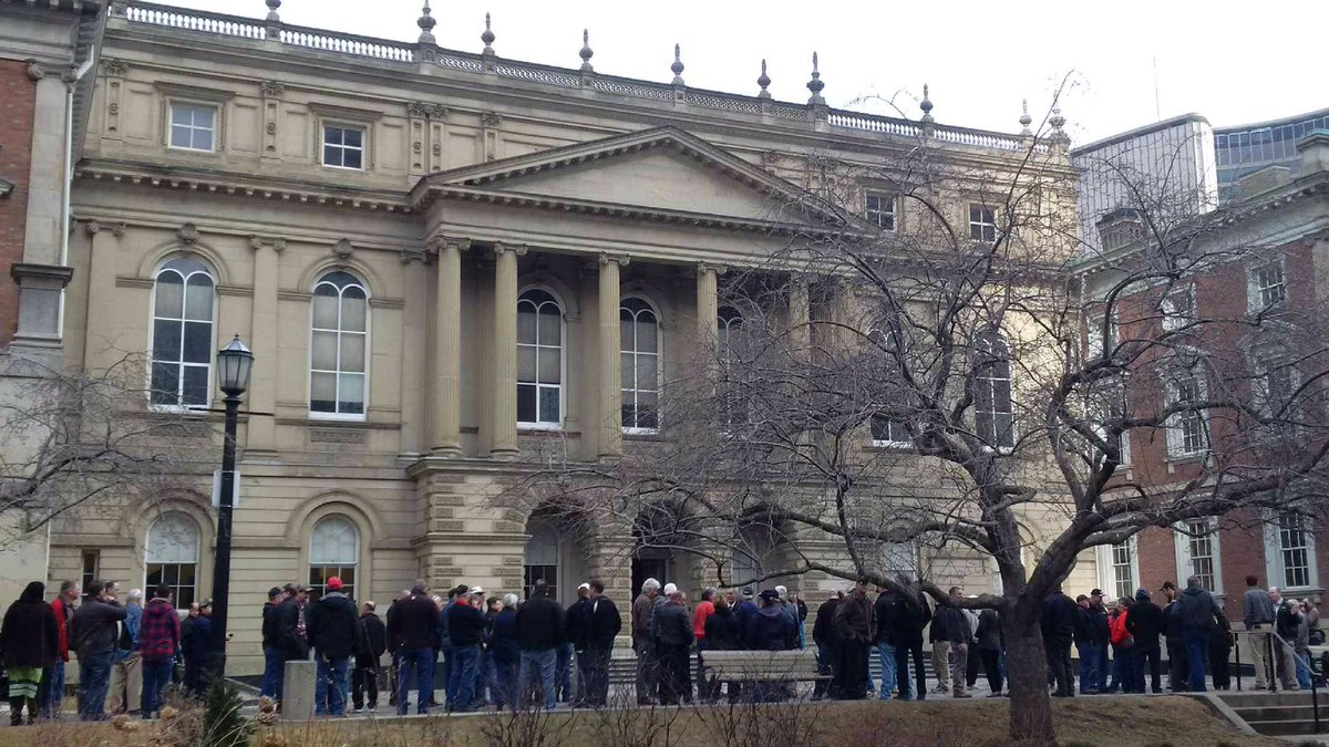 Farmer-members gathering outside the court of appeal to show their support. #OntAg