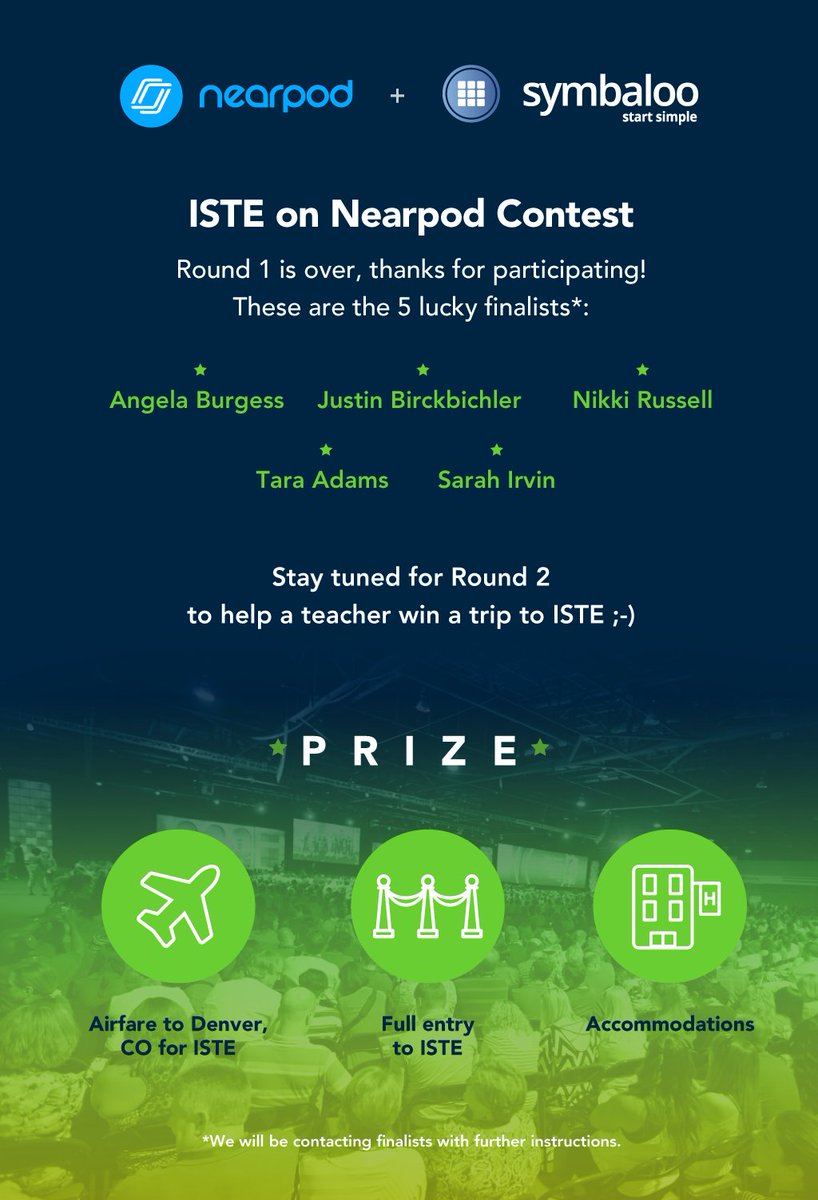 nearpod's tweet image. A HUGE congratulations to our 5 finalists in the running to win a trip to #ISTE2016! Stay tuned for information!