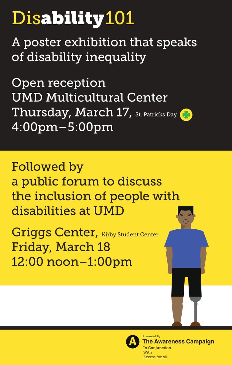 UMD_DR's tweet photo. Don't forget this great event next Friday! #Disability101 sponsored by Access for All &amp; @ShareWhaaat Campaign. https://t.co/PgOH86UIdG