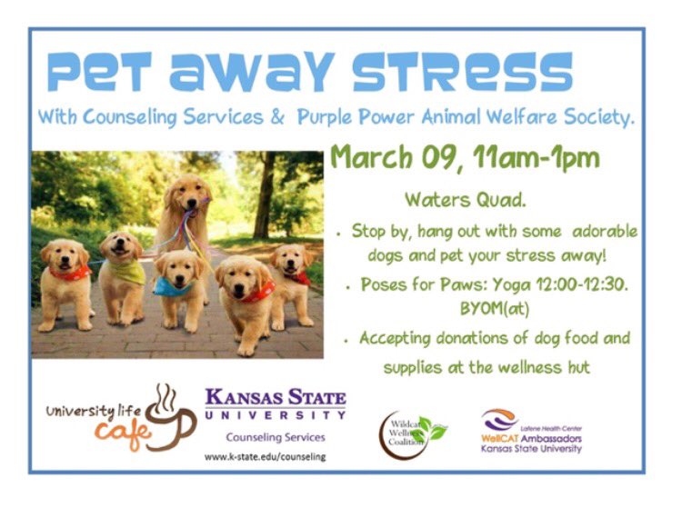 FSLatKState's tweet image. 🐶🐶🐶 Take a break from studying for midterms and play with PUPPIES! Waters quad from 11-1! 🐶🐶🐶