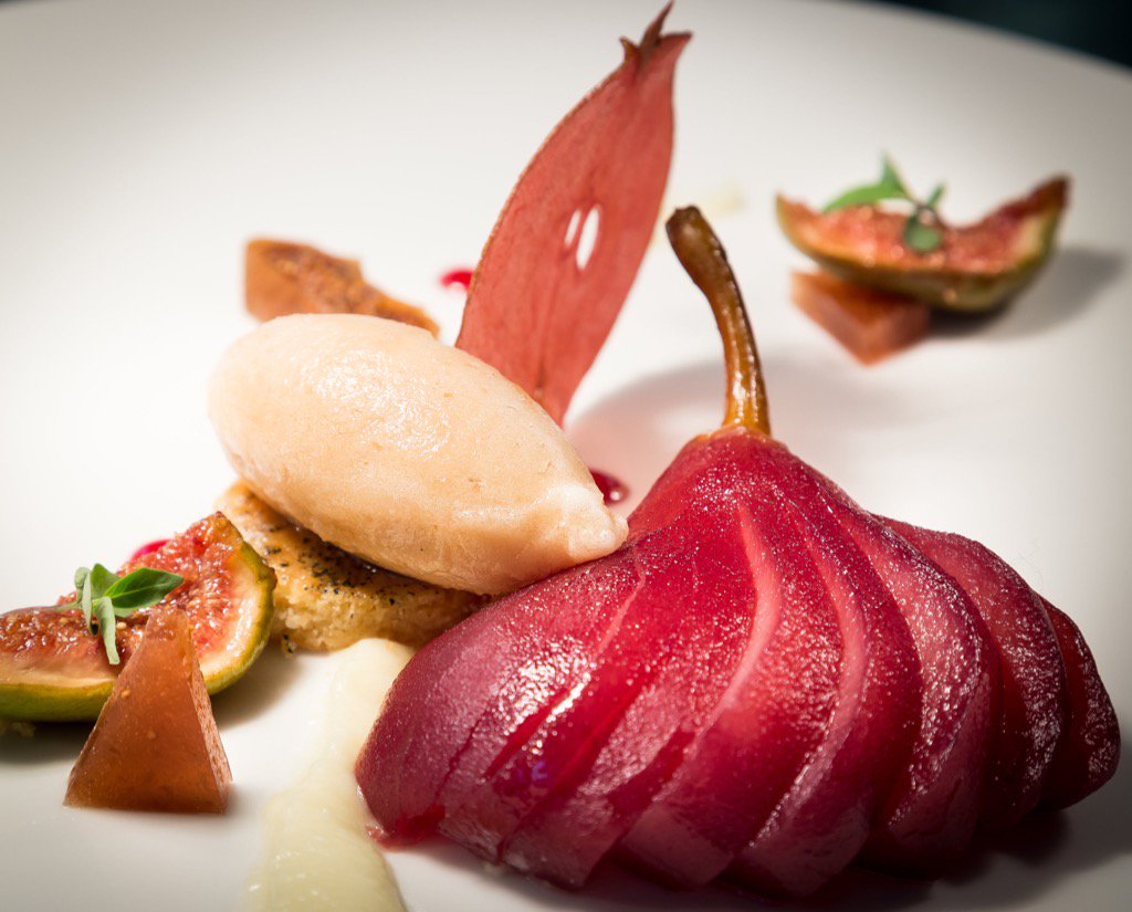 Beaujolais pear, earl grey sorbet,fig jelly,caramel purée #figs #fruity #icecream #sorbet <a href="/icecreamman/">Ice Cream Man</a> #tasty #light