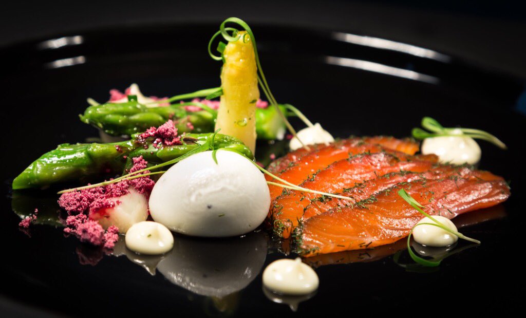 Ginger gravadlax,yoghurt sphere,asparagus,beetrootcrumble,chervil <a href="/ASRPhotography/">Andrew Russell</a> <a href="/dgcoulson/">dgcoulson</a> #tasty #fish #lunch#yum