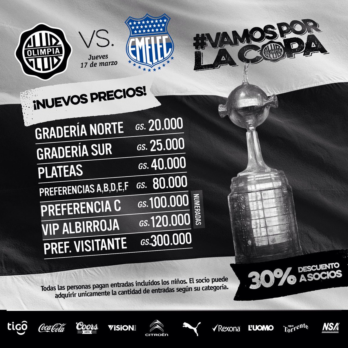 elClubOlimpia's tweet photo. NUEVOS PRECIOS A PARTIR DE MAÑANA! Venta en @TicketeaPy, @VisionBanco y PARA UNO. Nos jugamos todo, entre todos!!! https://t.co/f5YWpajt8a