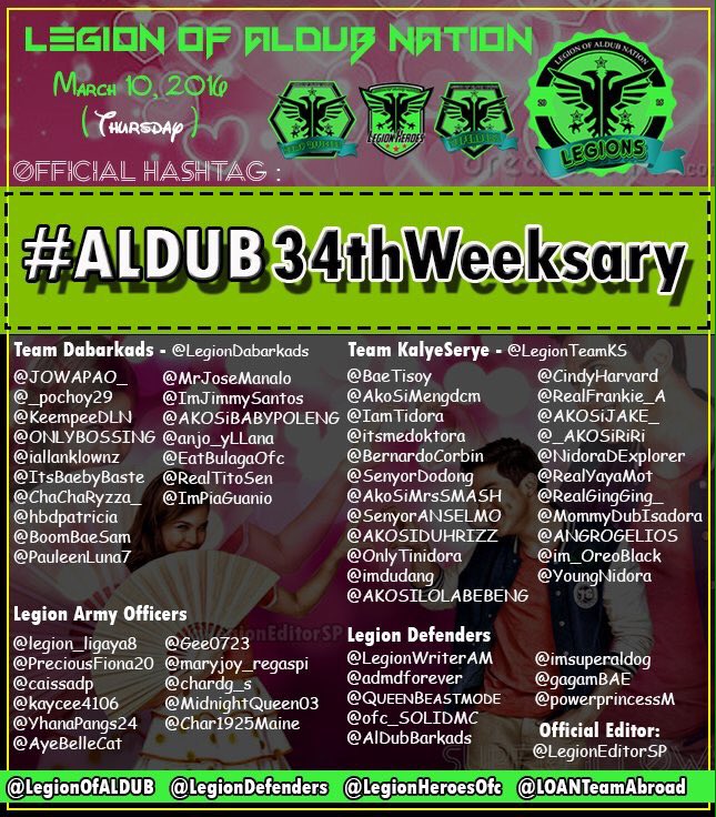 LegionPAMPANGA's tweet photo. Our Official HashTag For Today!
#ALDUB34thWeeksary 
Spread The Love And GoodVibes!
Happy Weeksary AlduBarkads! https://t.co/umbPvrLGJL