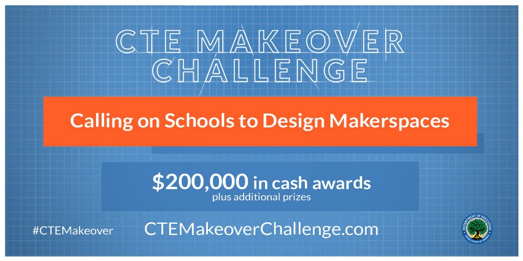 Makerspaces_com's tweet photo. The #CTEMakeover Challenge just launched &amp; we're proud to be helping @usedgov Visit https://t.co/5zMqplvyyB #SXSWedu https://t.co/nXq1xaWDyx