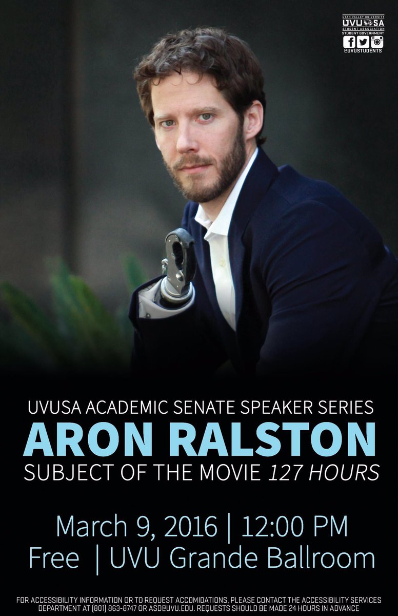 EventsUVU's tweet image. Aron Ralston speaks in the Grande Ballroom today at noon!