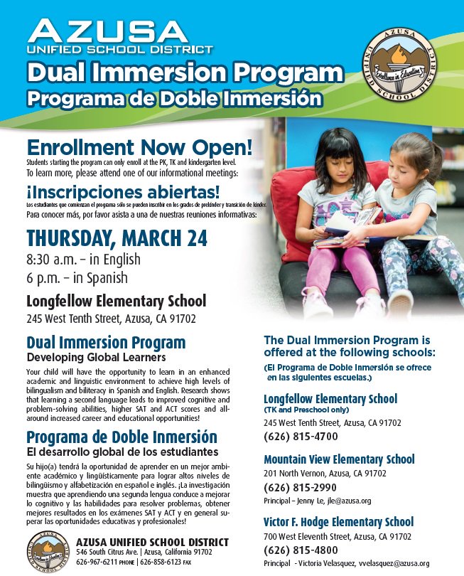 AzusaUnifiedSD's tweet image. #DualImmersionProgram information meetings at #Longfellow on March 24! 8:30 a.m. in English and 6 p.m. in Spanish.