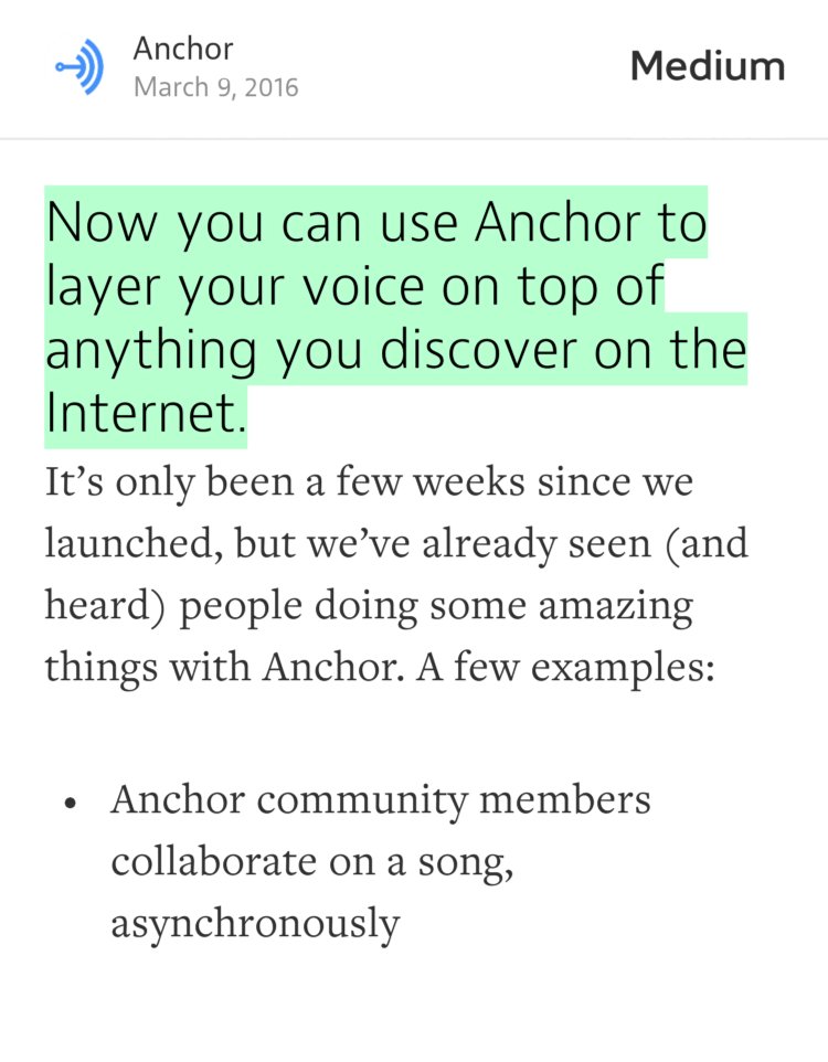 “Now you can use Anchor to layer your voice on top of anything you discover on the Internet.” from “Introducing Voice Commentary by Anchor” by Anchor.