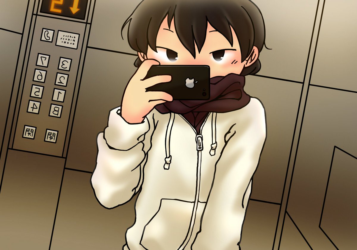 白パーカーエレベーター自撮りを塗りました びょうとりのイラスト