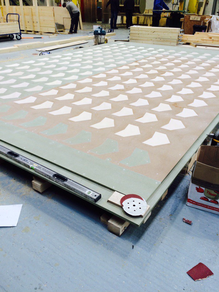 3Dpattern's tweet image. Large 'chevron' pattern prepared to receive rubber for production of a rubber form liner. #precast #concrete #moulds