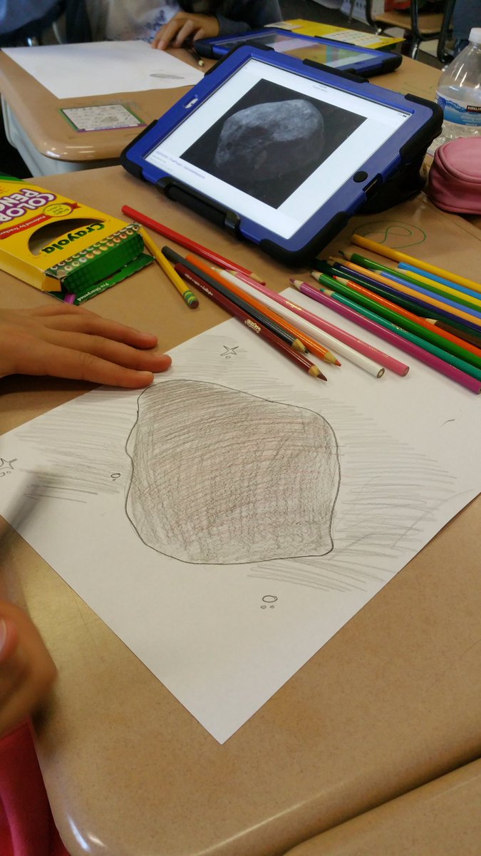 KyleHamstra's tweet photo. "Will @OSIRISREx have a selfie 📷?" Gr 3-4 research #WeTheExplorers. 🚀 See: https://t.co/7xTOlYbCDO #sci3E11 #sci4P23 https://t.co/dk6h2qYy8u