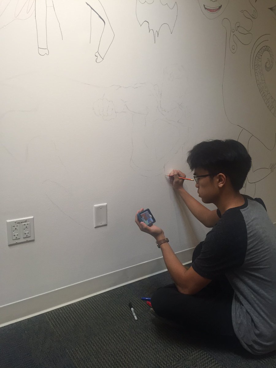 UTSA_StudentU's tweet photo. Check out @tay_wis adding his art to the wall! Can't wait to see how this turns out. Stop by Gallery 23 to add yours https://t.co/wmW5du6iTi