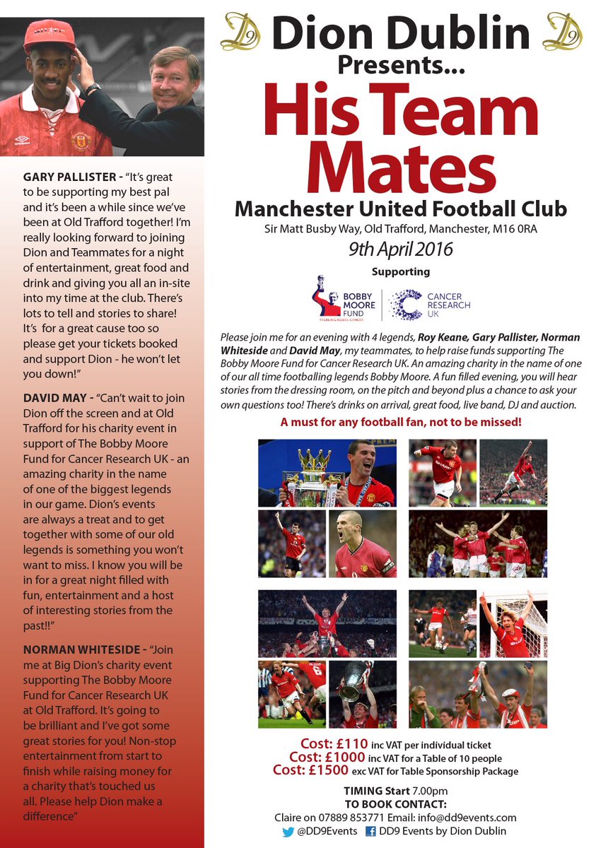 DD9Events's tweet photo. Plans coming along nicely 4 @DionDublinsDube Roy Keane Gary Pallister @NormanWhiteside @DavidMay04 Tkts 07889 853771 https://t.co/65Xn3qQVeT