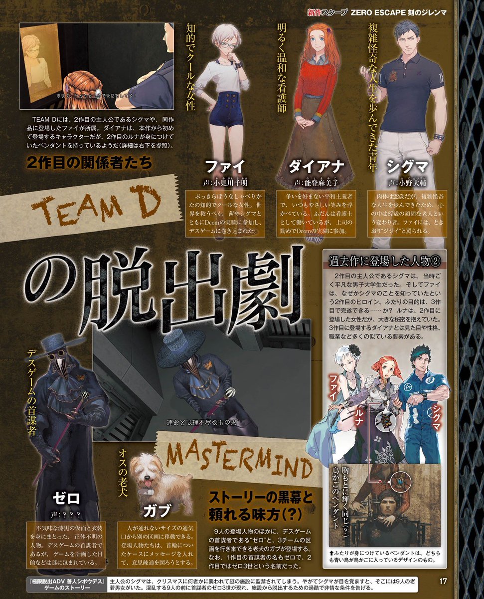 RyougaSaotome's tweet photo. ZE: Zero Time Dilemma 2/2. Puzzles. Team leaders/MCs are Carlos, Q, and Diana, it seems.  #dump #ZE https://t.co/s1nQa0u4VX