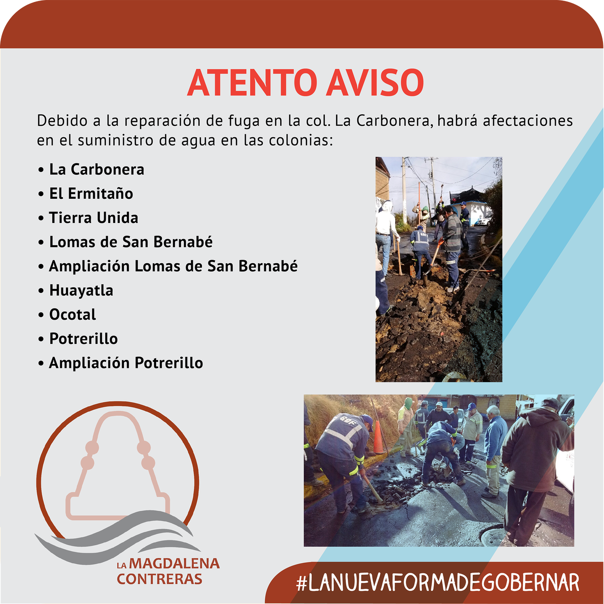 ContXDelante's tweet image. ATENTO AVISO: Debido a reparación de fuga en La Carbonera, hay afectaciones en el suministro de agua. @Fer_MercadoG