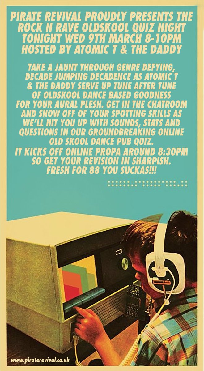 piraterevival's tweet photo. Atomic T &amp; The Daddy Oldskool Pub Quiz Tonight on Piraterevival https://t.co/JZPAa2bqDf https://t.co/rJMSRPrTCm https://t.co/zFs9eVaCur