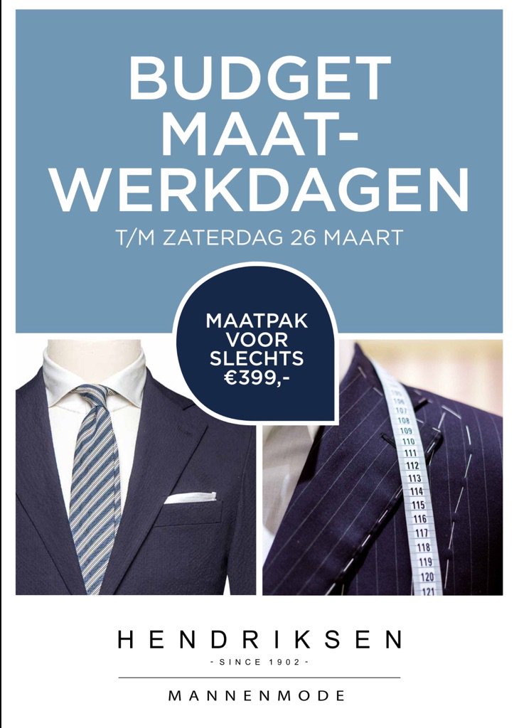 Bel, mail of kom in de winkel voor het maken van een afspraak;
0528262709
info@hendriksen-mannenmode.nl
