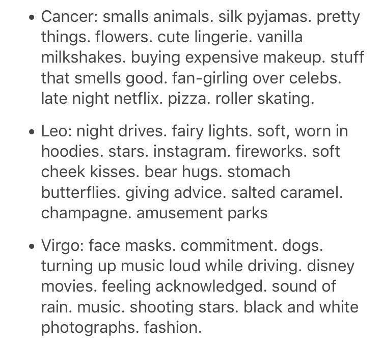 astrologyfinest's tweet photo. things the signs love https://t.co/7Kid98HzDW