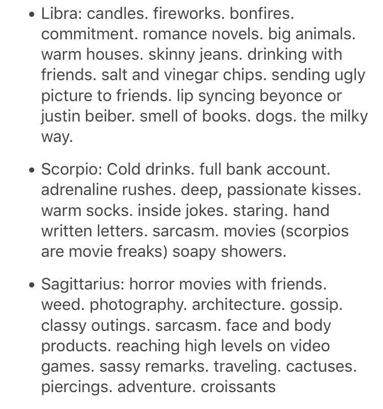 astrologyfinest's tweet photo. things the signs love https://t.co/7Kid98HzDW