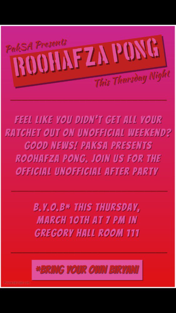 ThePakSADiaries's tweet photo. Spend #ThirstyThursday with PakSA in Greg Hall Room 111 for some Rooh Afza and friendly competition https://t.co/wNSOIjSk7X