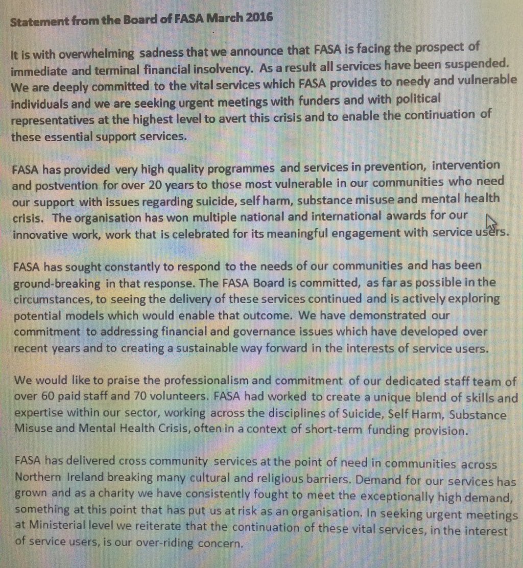 NicholaMallon's tweet photo. V sad to hear about FASA. Worrying that such vital support 4 our most vulnerable could be lost when it's needed most https://t.co/DsQguMBXBK