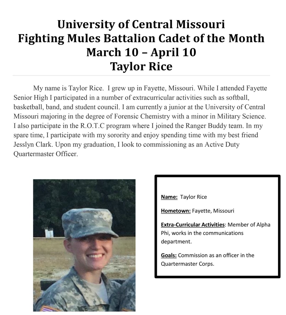 UCMFMB's tweet photo. Congrats to the Cadet of the Month, Taylor Rice, a forensic chemistry major &amp; military science minor at @UCentralMO! https://t.co/IulgYfxfTB