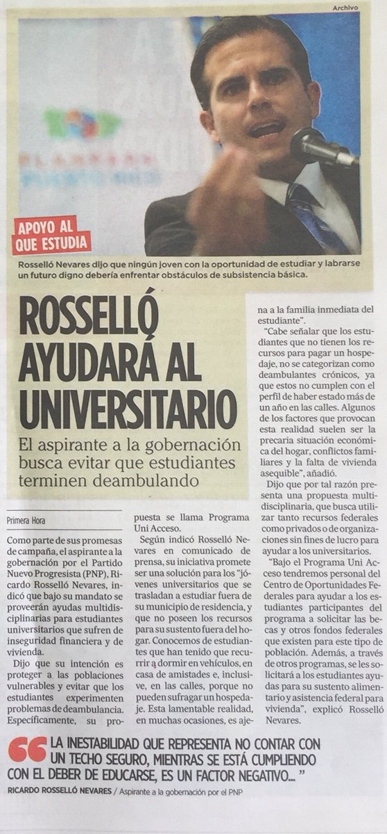 ricardorossello's tweet photo. Comparto nota de @primerahora sobre propuesta UNI ACCESO para ayudar a estudantes universitarios. #EnRRuta https://t.co/QZ0xUROWWo