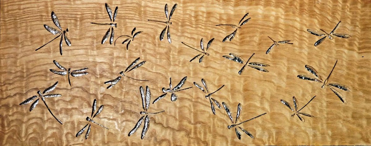 FionaKingdon's tweet photo. Dancing dragonflies. Cut from watery Ash in my shed. 17" approx #woodart #scrollsawart #dragonfly #FionaKingdon https://t.co/X4rtuIBiE2