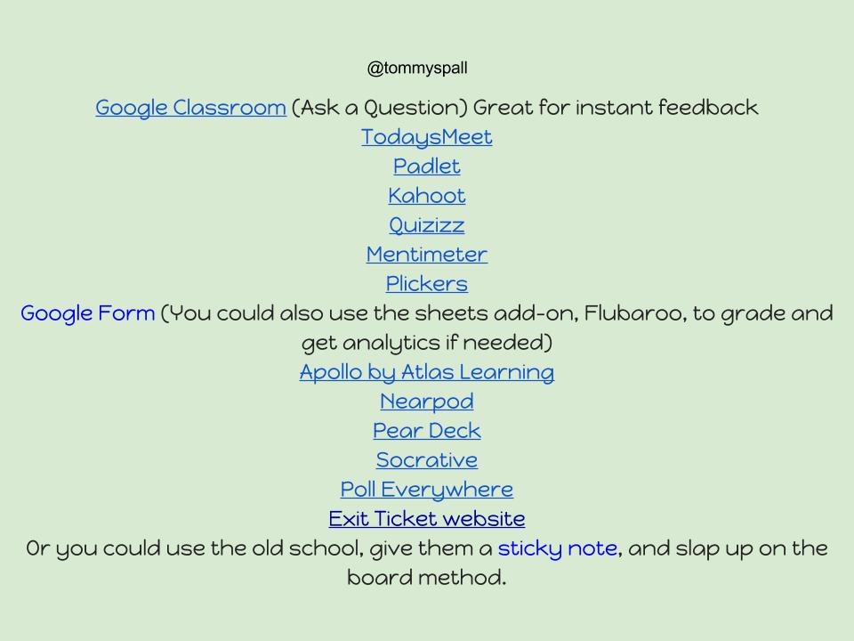 Tommyspall's tweet photo. 15 ways to get student responses and feedback!  #edtech #edchat #txed #bisdconnect #txeduchat #education #teacher https://t.co/FWLDjMKCC3
